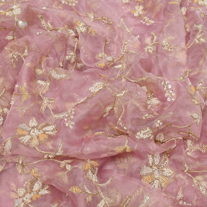 Dyed Silk Organza Zari With Moti Sequins Embroidery Fabrics