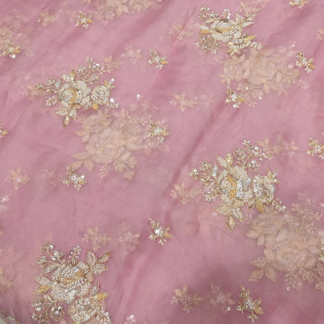 Dyed Silk Organza Zari With Moti Sequins Embroidery Fabrics