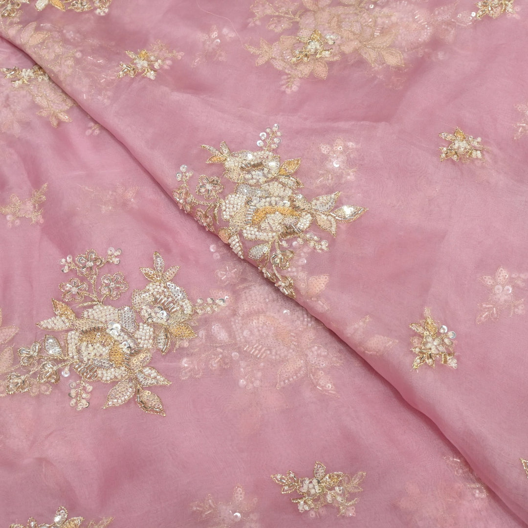 Dyed Silk Organza Zari With Moti Sequins Embroidery Fabrics