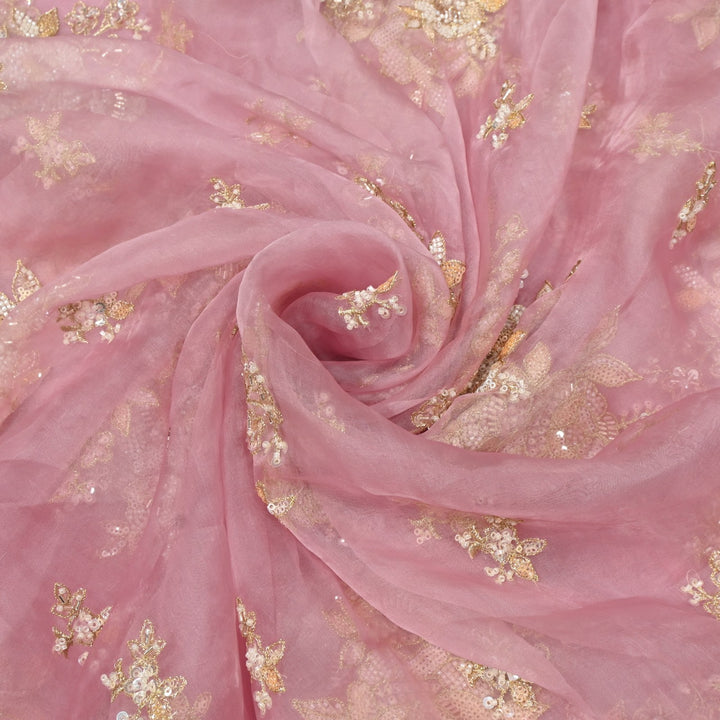 Dyed Silk Organza Zari With Moti Sequins Embroidery Fabrics