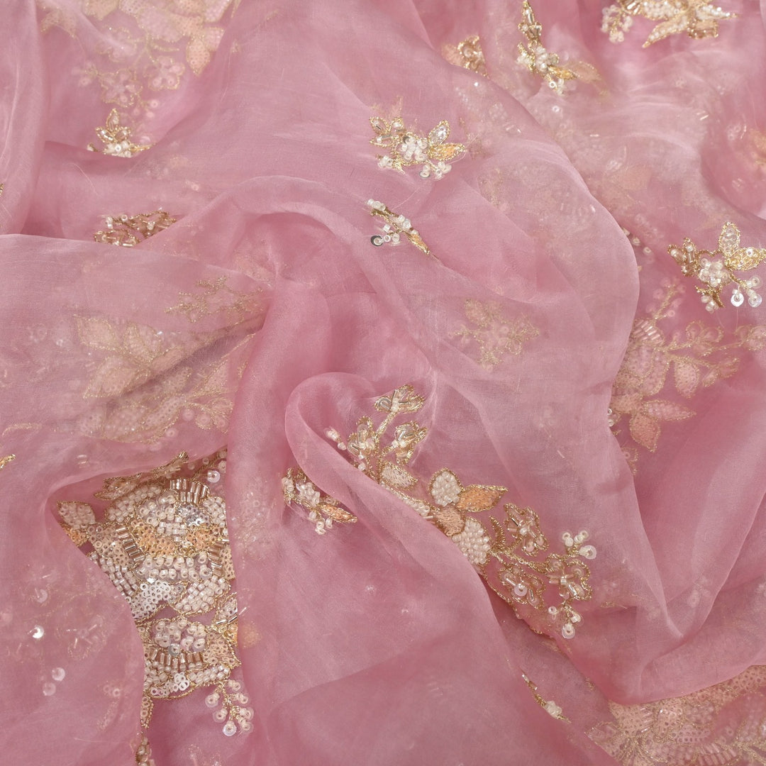 Dyed Silk Organza Zari With Moti Sequins Embroidery Fabrics