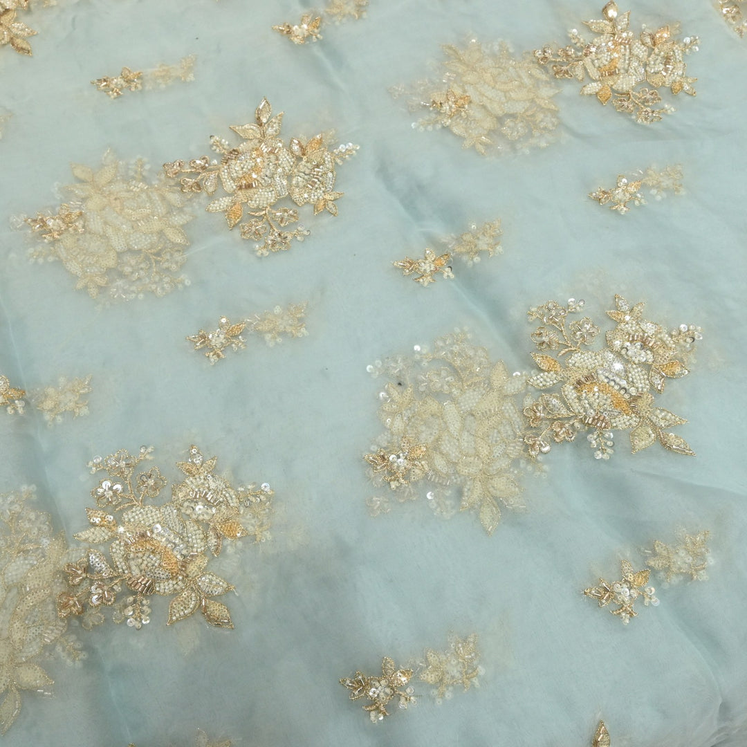 Dyed Silk Organza Zari With Moti Sequins Embroidery Fabrics