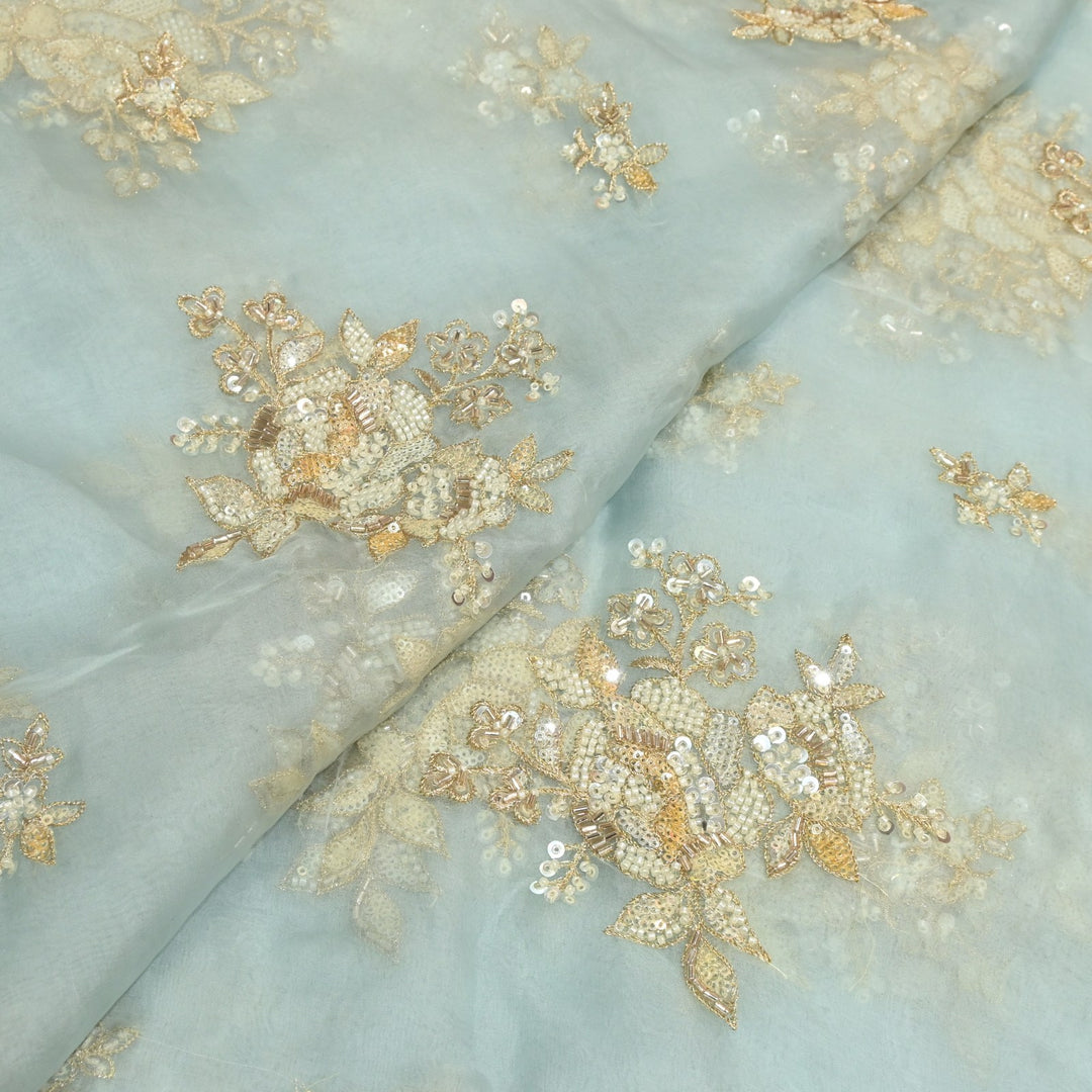 Dyed Silk Organza Zari With Moti Sequins Embroidery Fabrics
