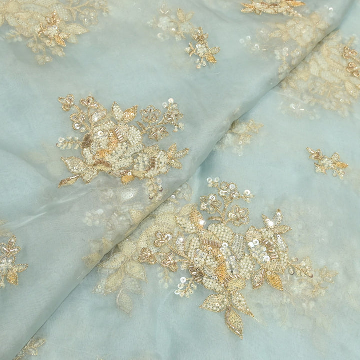 Dyed Silk Organza Zari With Moti Sequins Embroidery Fabrics