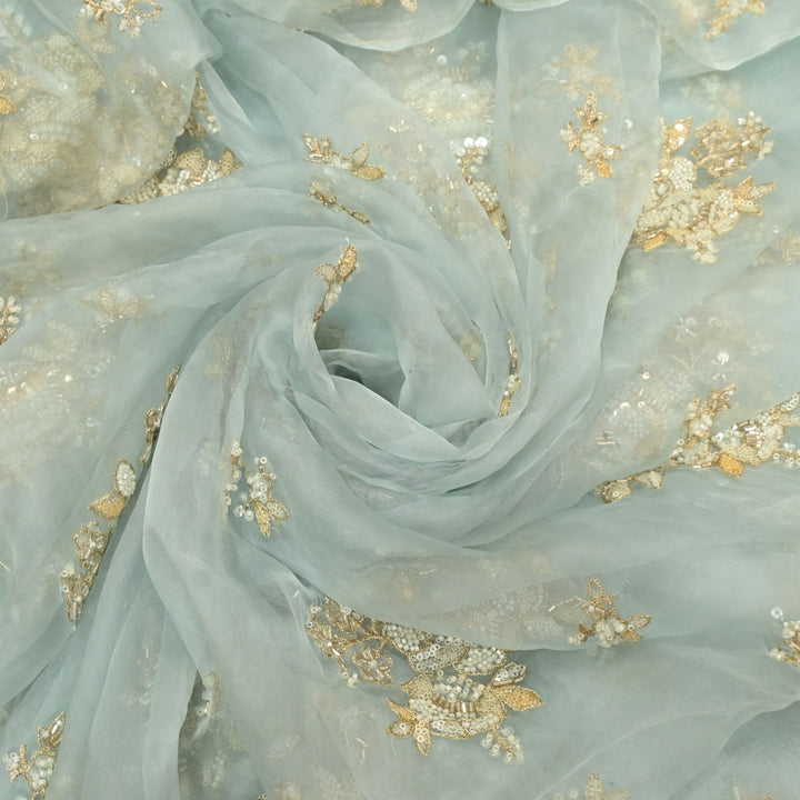 Dyed Silk Organza Zari With Moti Sequins Embroidery Fabrics