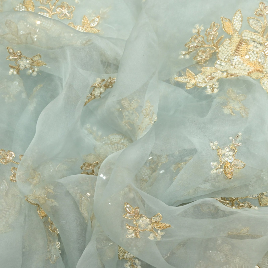 Dyed Silk Organza Zari With Moti Sequins Embroidery Fabrics