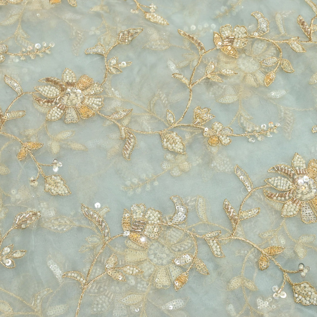Dyed Silk Organza Zari With Moti Sequins Embroidery Fabrics