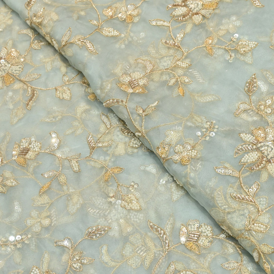 Dyed Silk Organza Zari With Moti Sequins Embroidery Fabrics