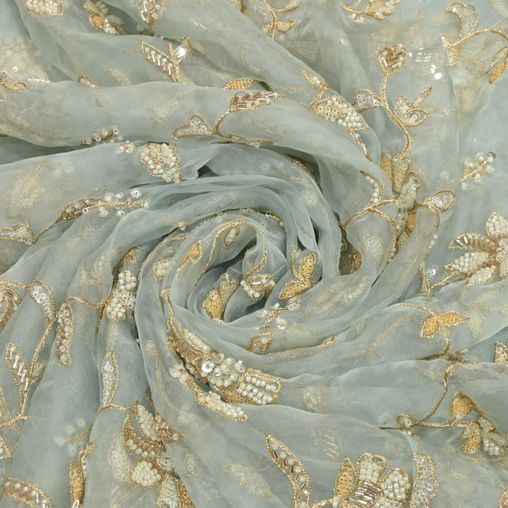 Dyed Silk Organza Zari With Moti Sequins Embroidery Fabrics