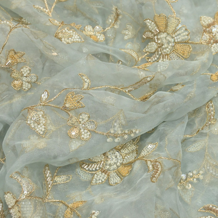 Dyed Silk Organza Zari With Moti Sequins Embroidery Fabrics