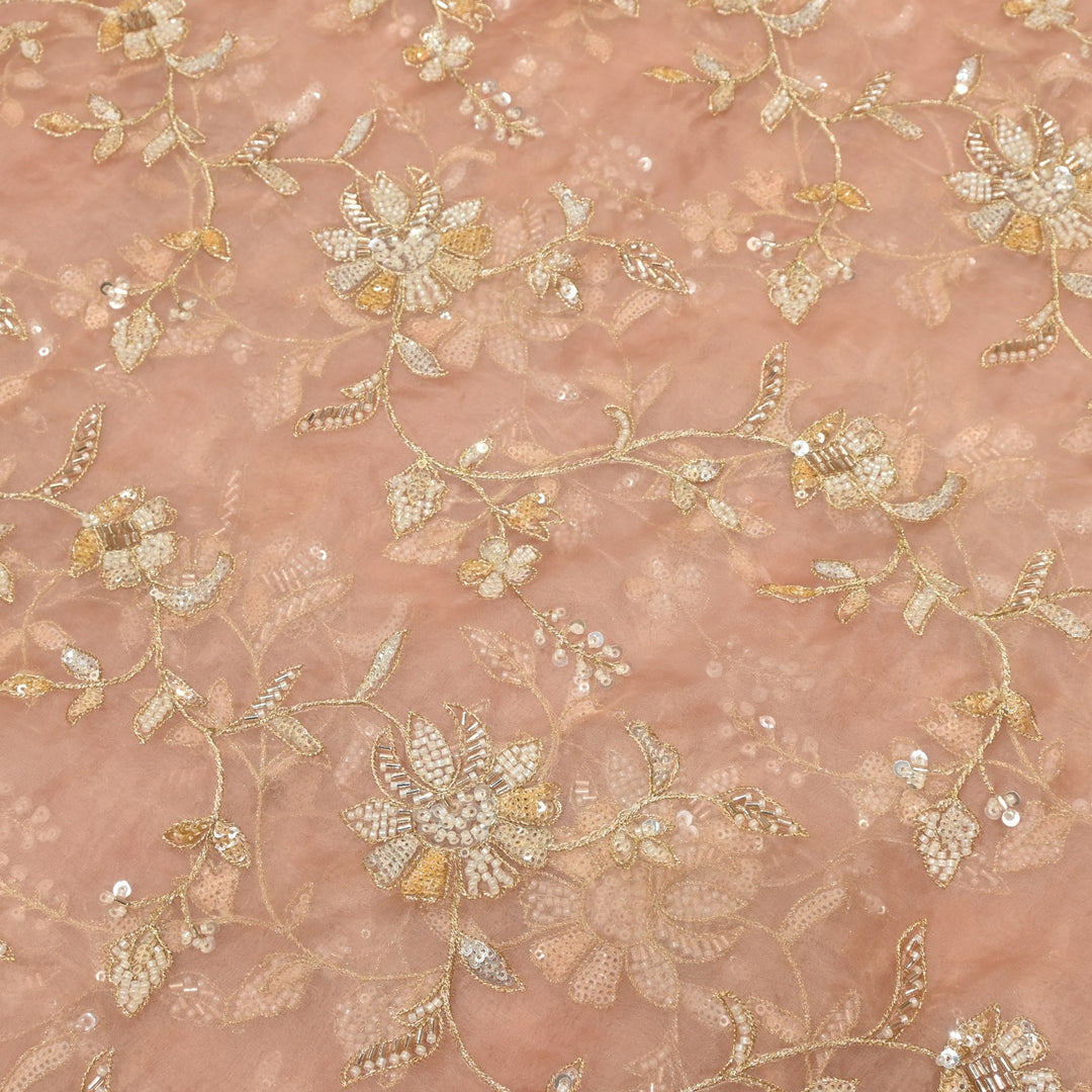 Dyed Silk Organza Zari With Moti Sequins Embroidery Fabrics