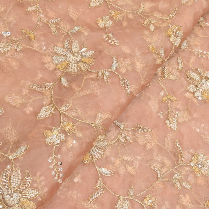 Dyed Silk Organza Zari With Moti Sequins Embroidery Fabrics