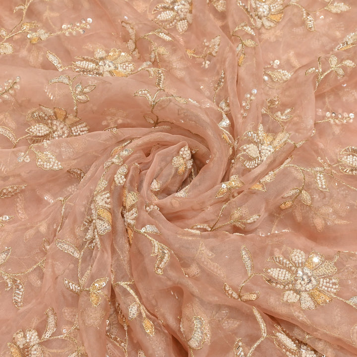 Dyed Silk Organza Zari With Moti Sequins Embroidery Fabrics