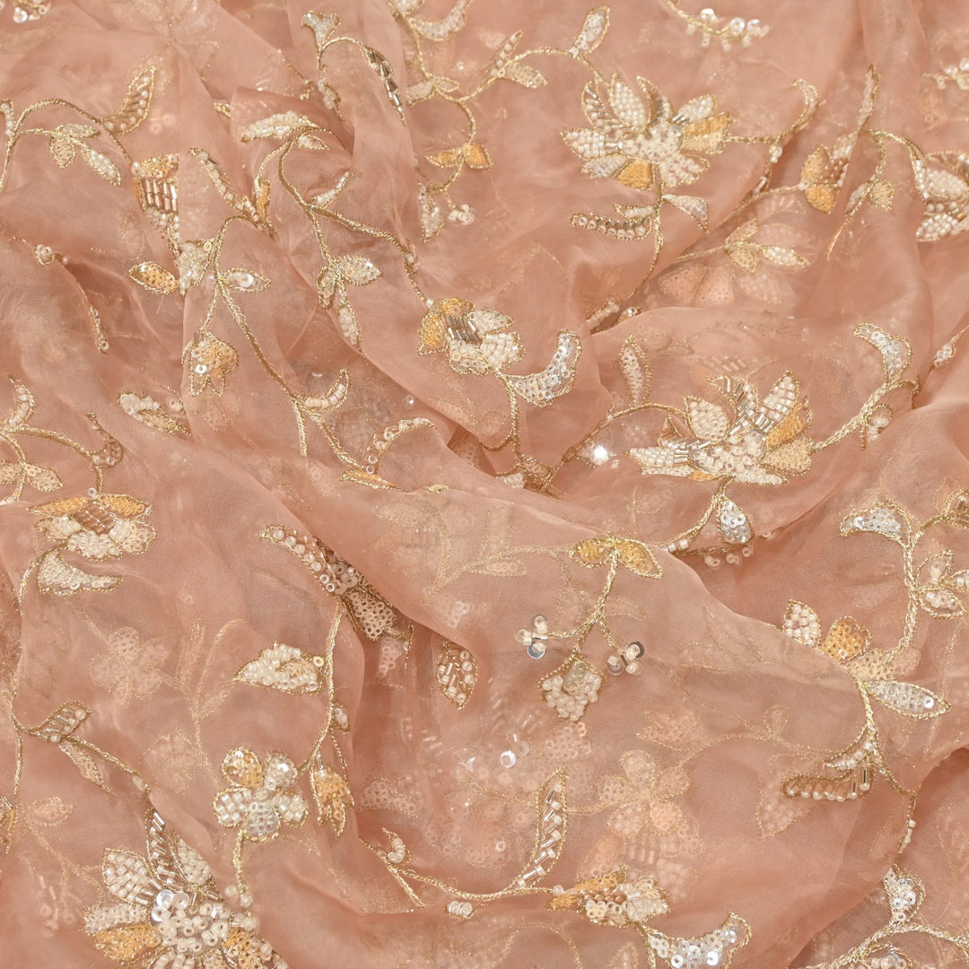 Dyed Silk Organza Zari With Moti Sequins Embroidery Fabrics