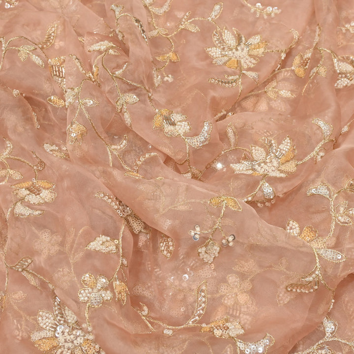 Dyed Silk Organza Zari With Moti Sequins Embroidery Fabrics