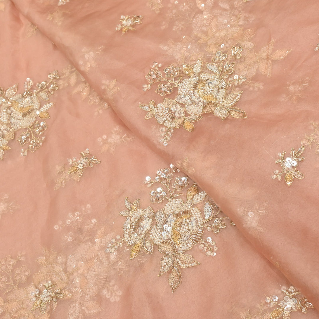 Dyed Silk Organza Zari With Moti Sequins Embroidery Fabrics