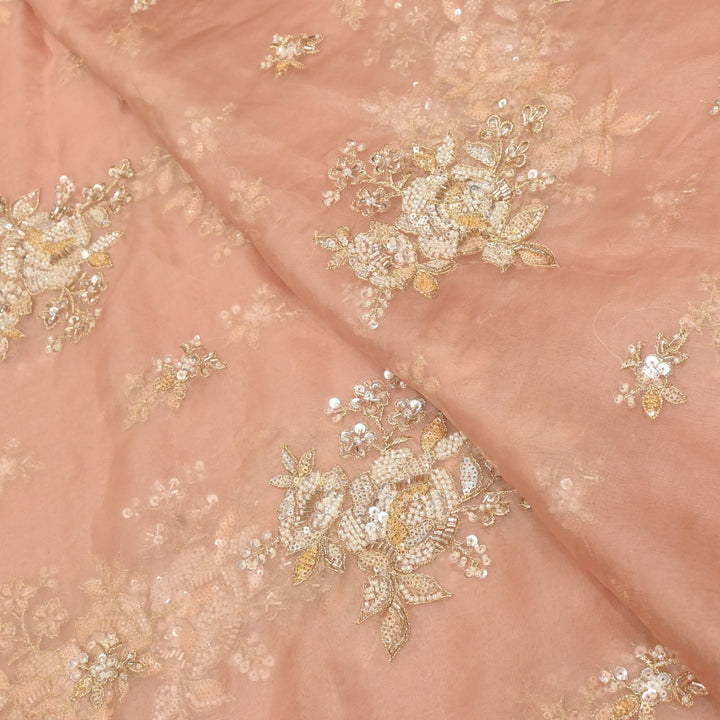 Dyed Silk Organza Zari With Moti Sequins Embroidery Fabrics