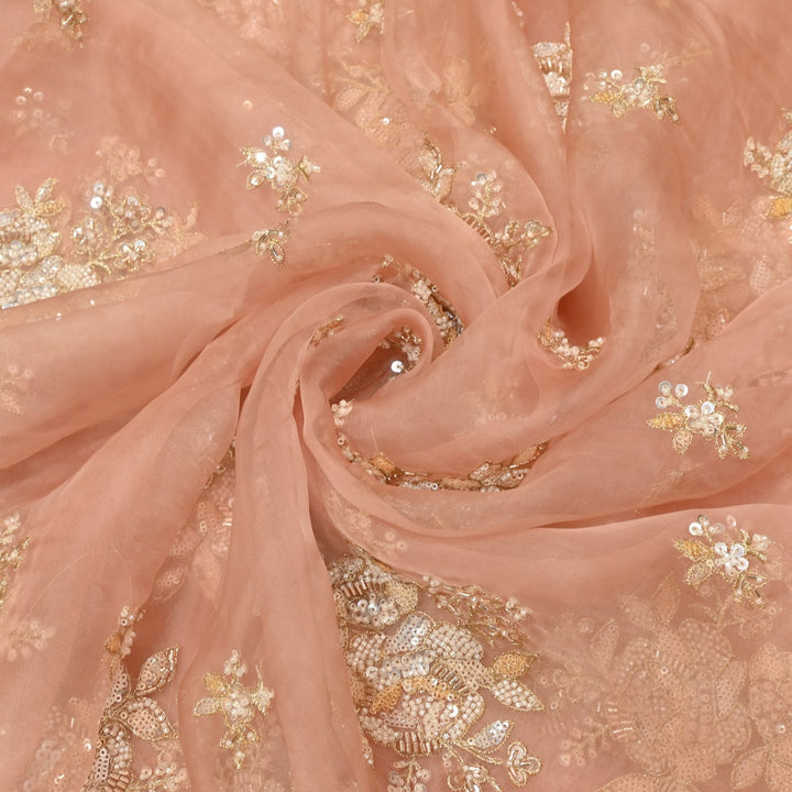 Dyed Silk Organza Zari With Moti Sequins Embroidery Fabrics