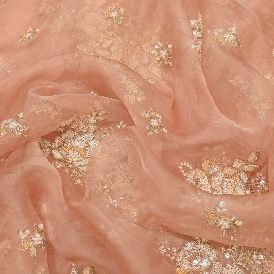 Dyed Silk Organza Zari With Moti Sequins Embroidery Fabrics
