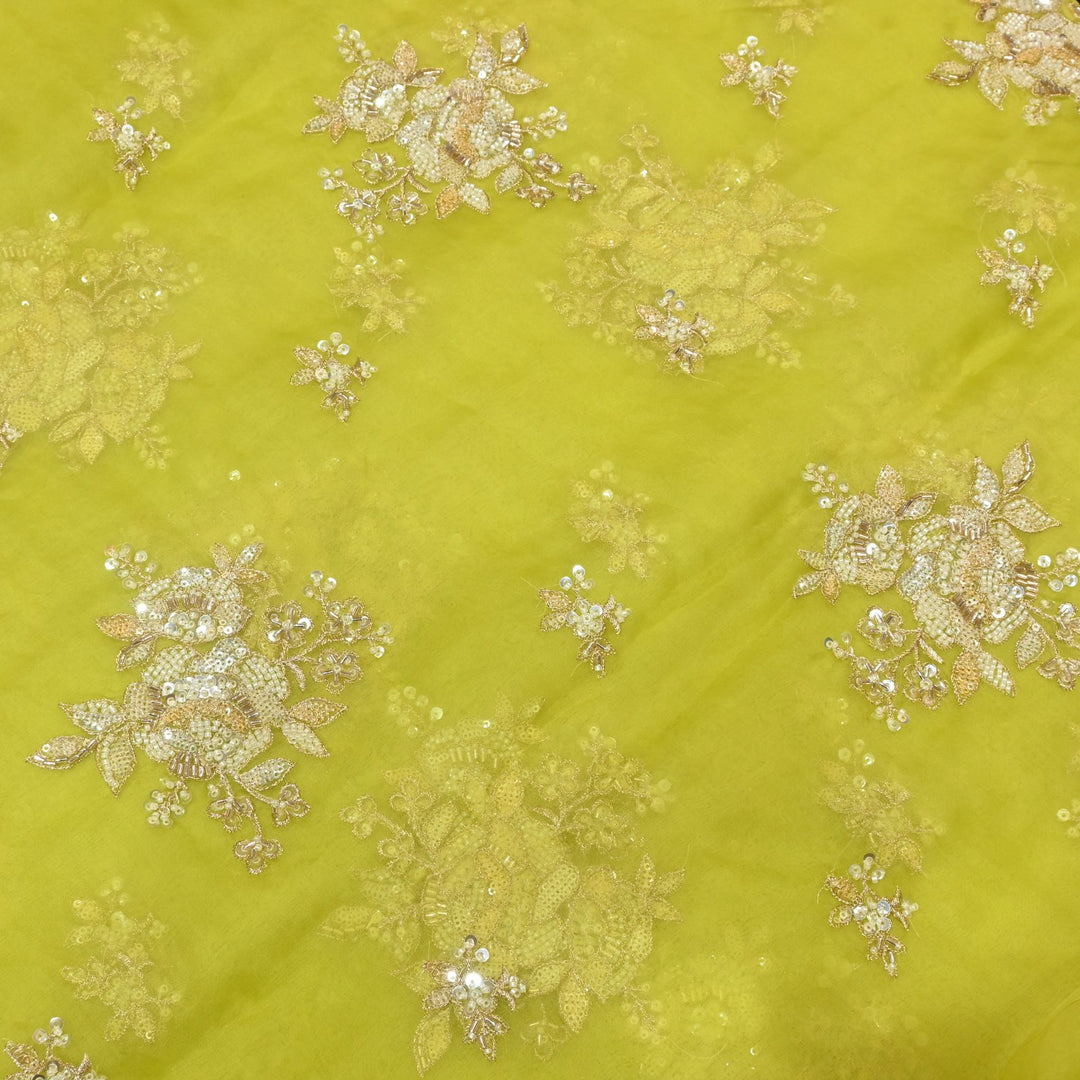 Dyed Silk Organza Zari With Moti Sequins Embroidery Fabrics