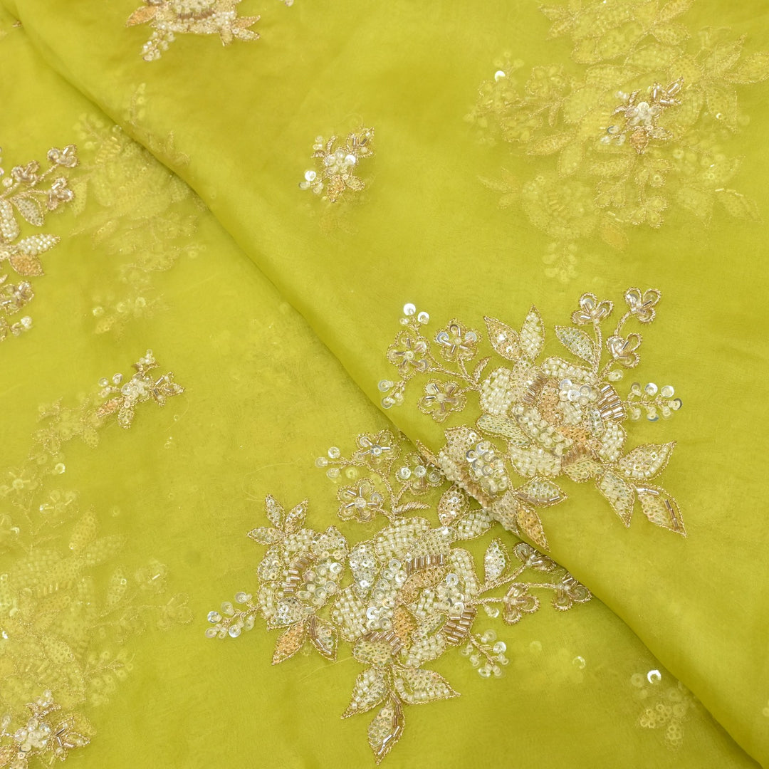 Dyed Silk Organza Zari With Moti Sequins Embroidery Fabrics