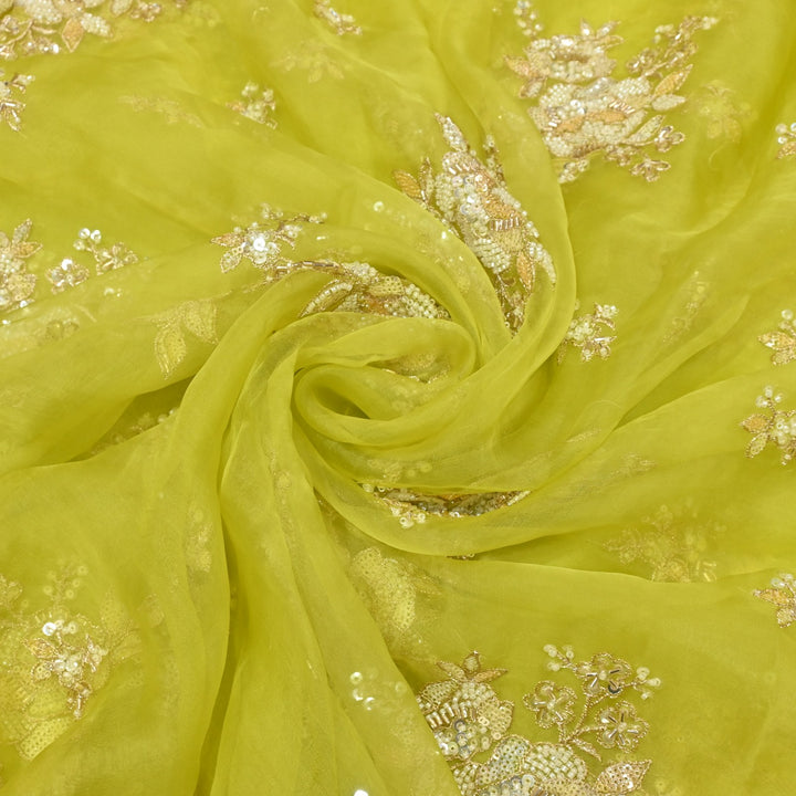 Dyed Silk Organza Zari With Moti Sequins Embroidery Fabrics