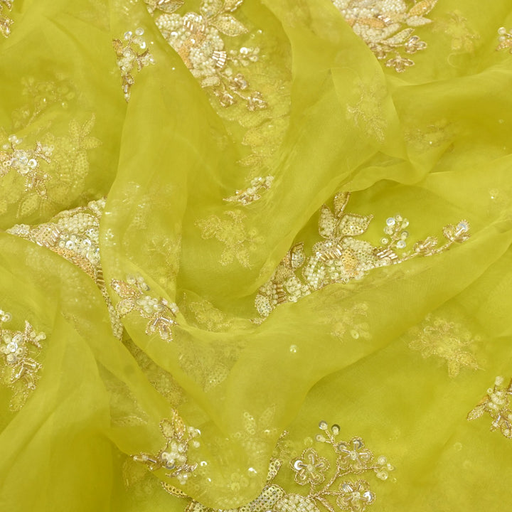Dyed Silk Organza Zari With Moti Sequins Embroidery Fabrics