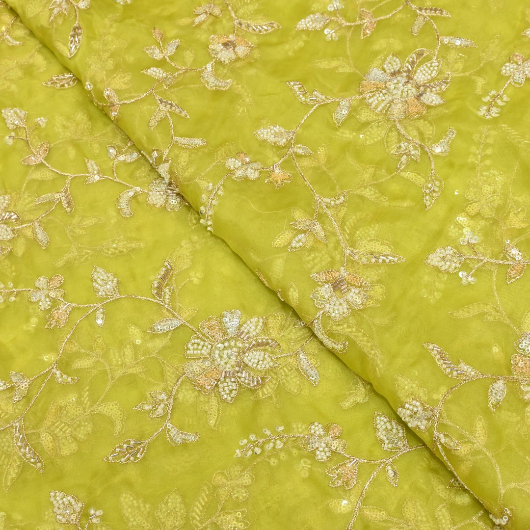 Dyed Silk Organza Zari With Moti Sequins Embroidery Fabrics