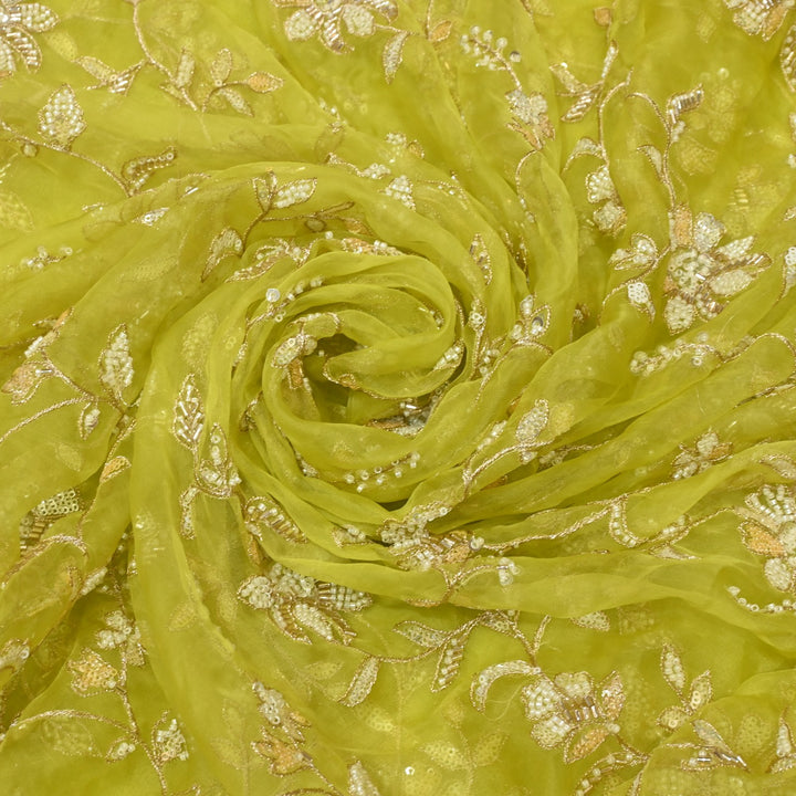 Dyed Silk Organza Zari With Moti Sequins Embroidery Fabrics