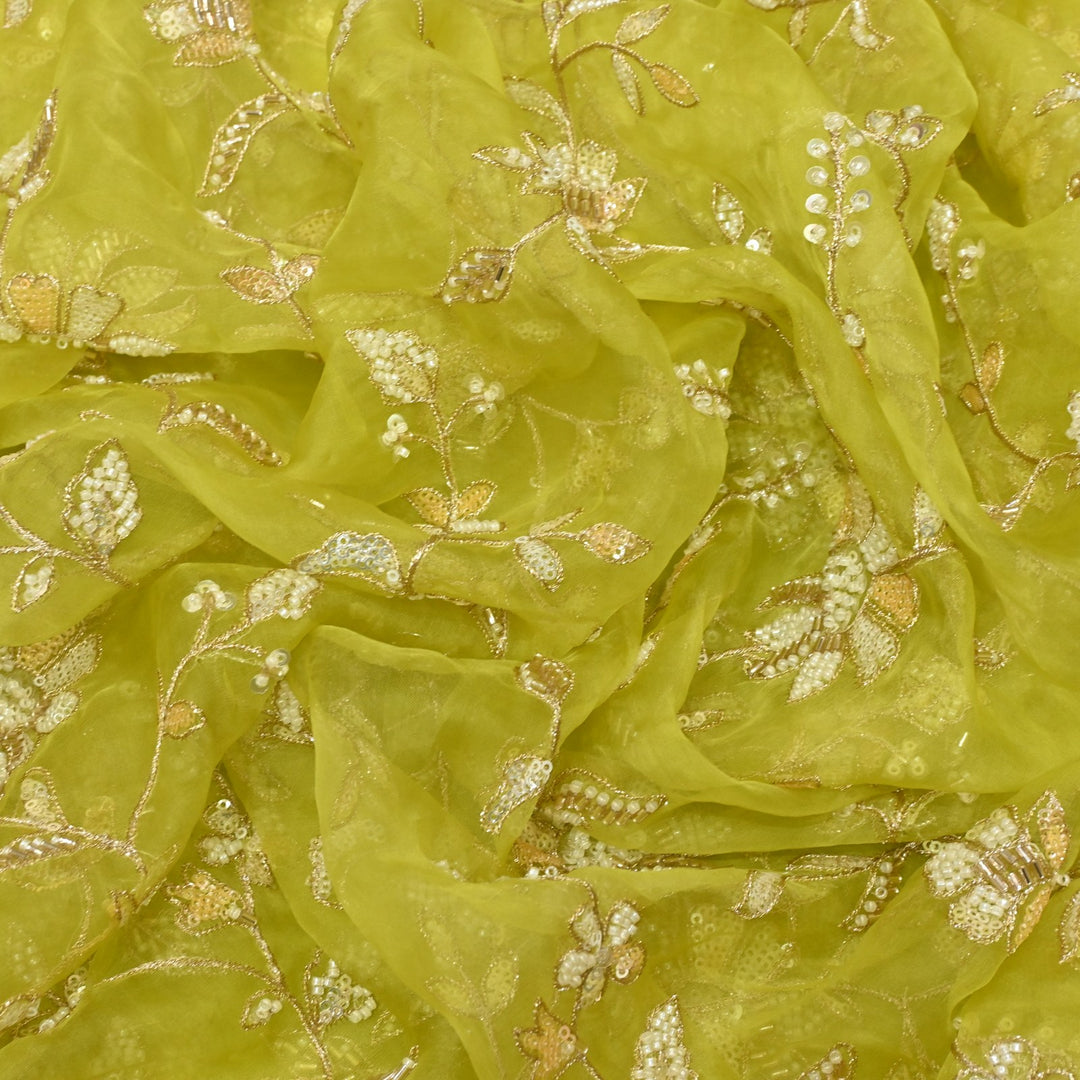 Dyed Silk Organza Zari With Moti Sequins Embroidery Fabrics