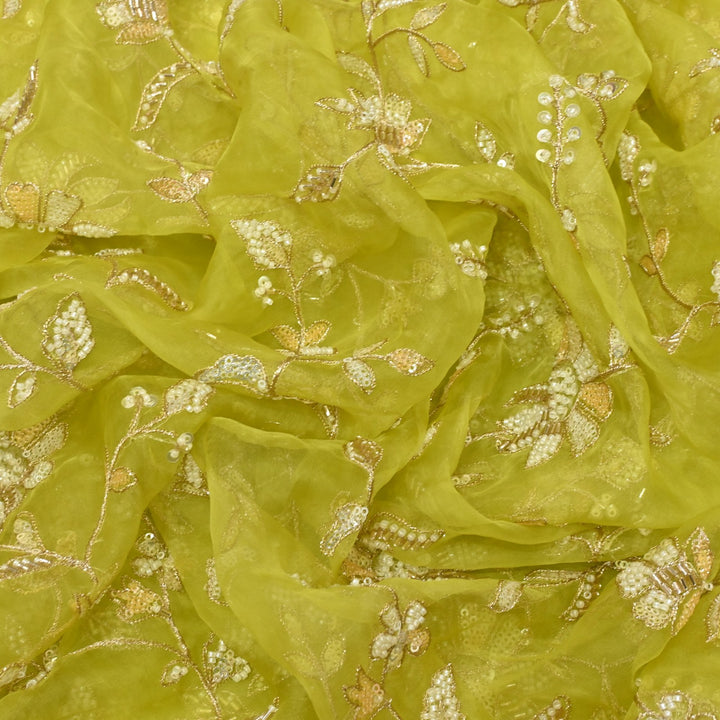 Dyed Silk Organza Zari With Moti Sequins Embroidery Fabrics