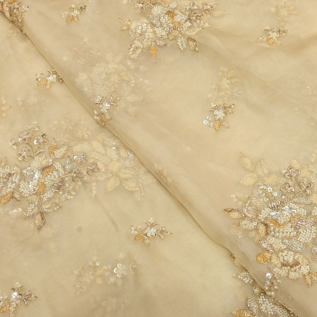 Dyed Silk Organza Zari With Moti Sequins Embroidery Fabrics