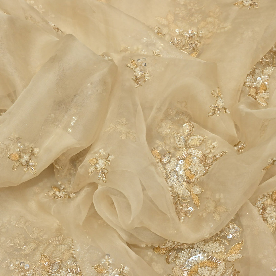 Dyed Silk Organza Zari With Moti Sequins Embroidery Fabrics