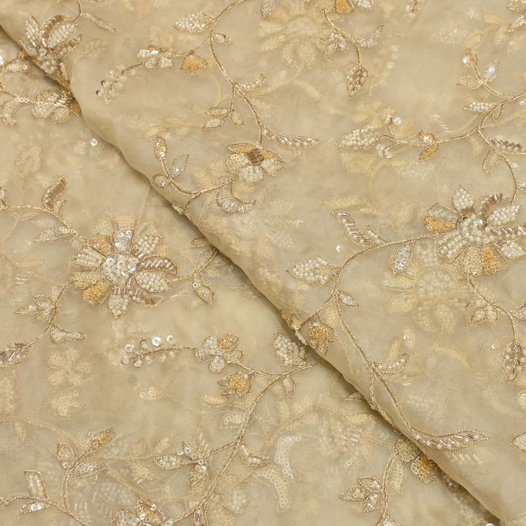 Dyed Silk Organza Zari With Moti Sequins Embroidery Fabrics