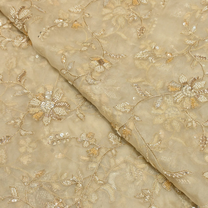Dyed Silk Organza Zari With Moti Sequins Embroidery Fabrics