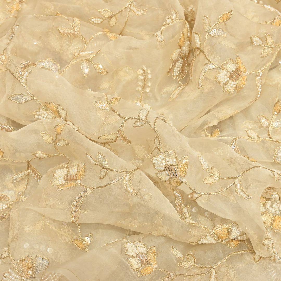 Dyed Silk Organza Zari With Moti Sequins Embroidery Fabrics