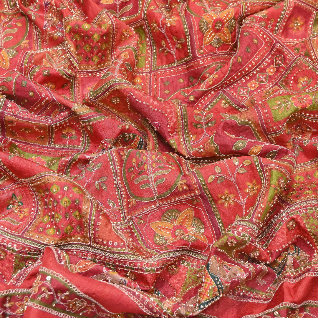 Elegant Dola Floral Position Print Fabric with Moti & Sequins Embroidery - V2725C-01