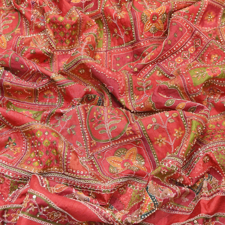 Elegant Dola Floral Position Print Fabric with Moti & Sequins Embroidery - V2725C-01
