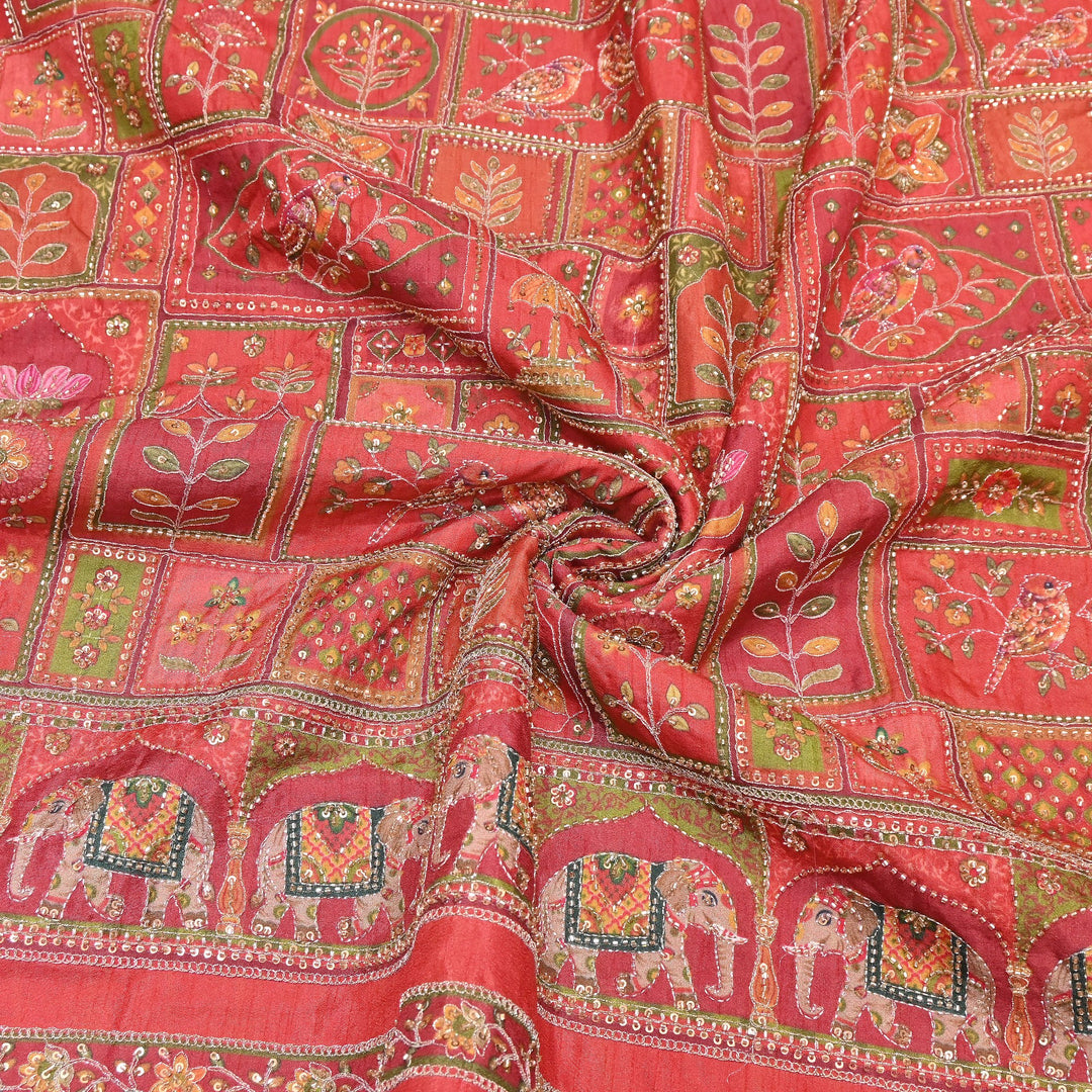 Elegant Dola Floral Position Print Fabric with Moti & Sequins Embroidery - V2725C-01