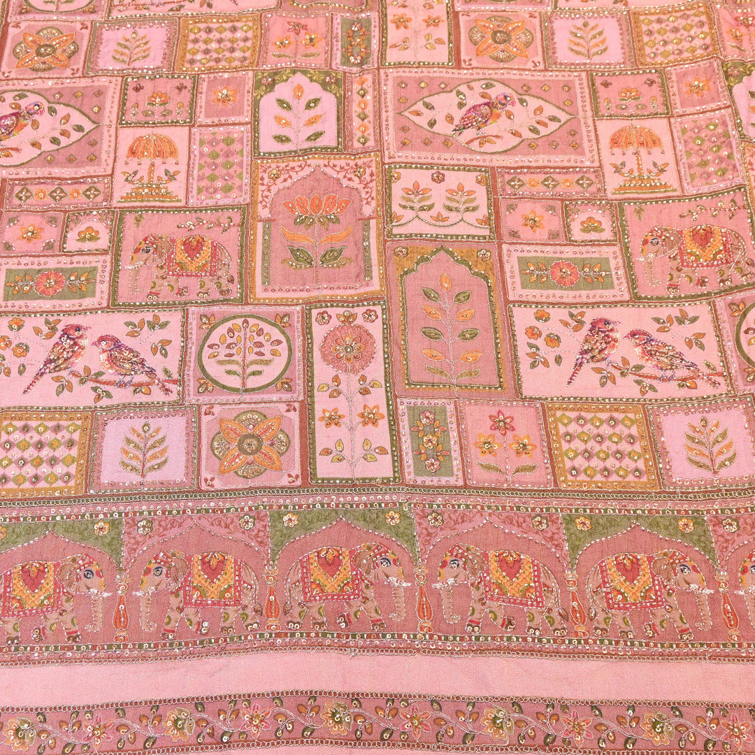 Elegant Dola Floral Position Print Fabric with Moti & Sequins Embroidery - V2725C-02