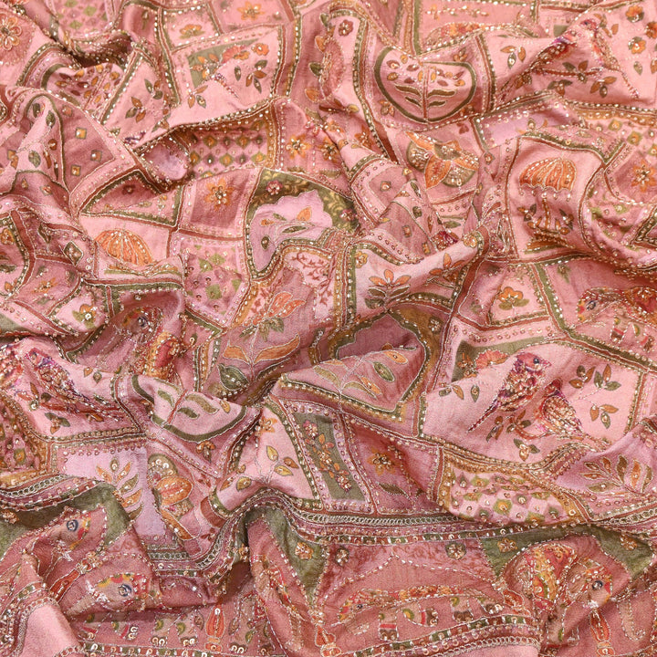 Elegant Dola Floral Position Print Fabric with Moti & Sequins Embroidery - V2725C-02