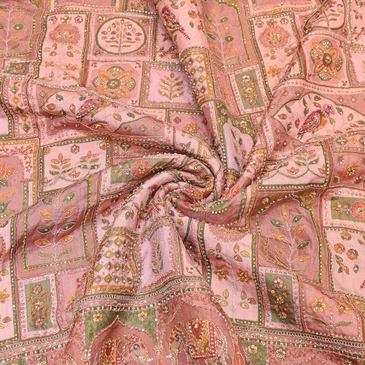 Elegant Dola Floral Position Print Fabric with Moti & Sequins Embroidery - V2725C-02