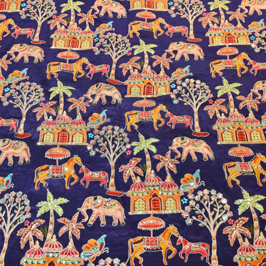 Crepe Position Print Fabric with Zari & Sequin Embroidery | Designer Motif Embroidered Fabric - UF1701-5