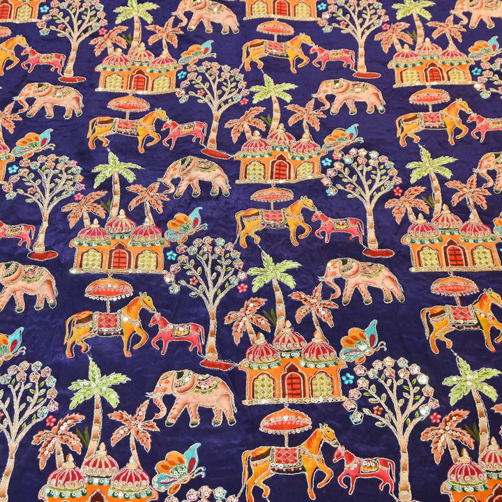 Crepe Position Print Fabric with Zari & Sequin Embroidery | Designer Motif Embroidered Fabric - UF1701-5