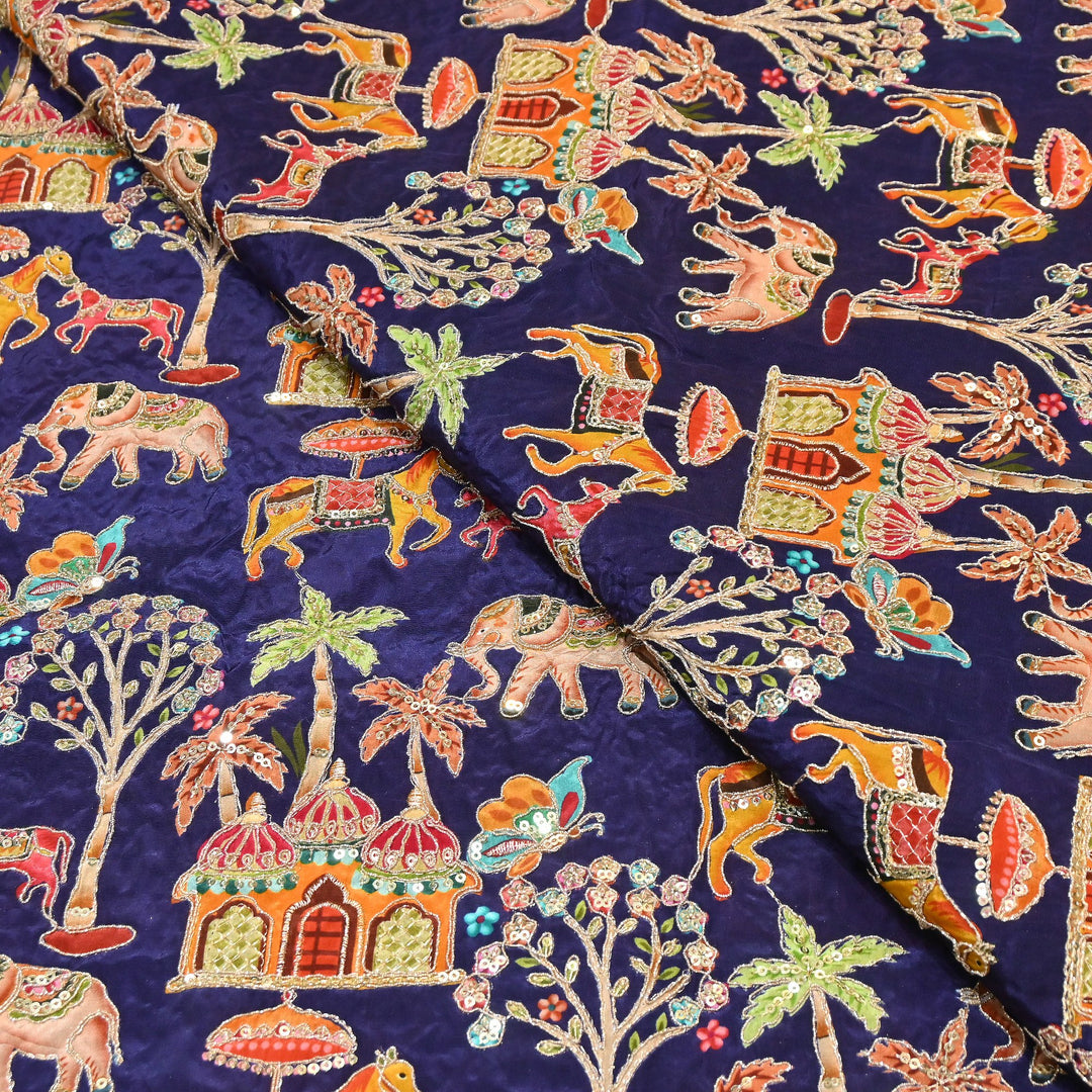 Crepe Position Print Fabric with Zari & Sequin Embroidery | Designer Motif Embroidered Fabric - UF1701-5