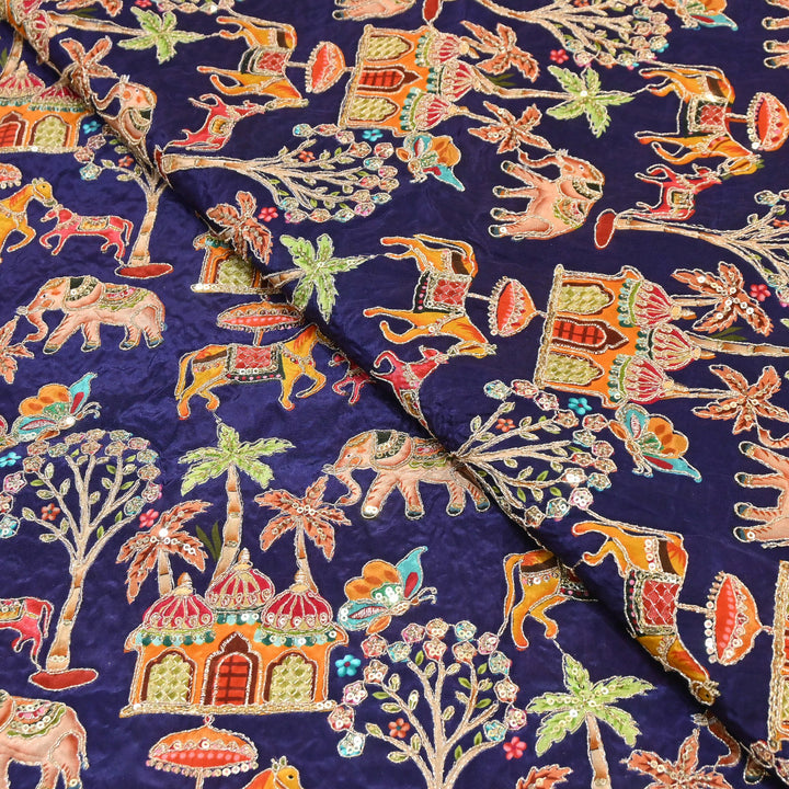 Crepe Position Print Fabric with Zari & Sequin Embroidery | Designer Motif Embroidered Fabric - UF1701-5