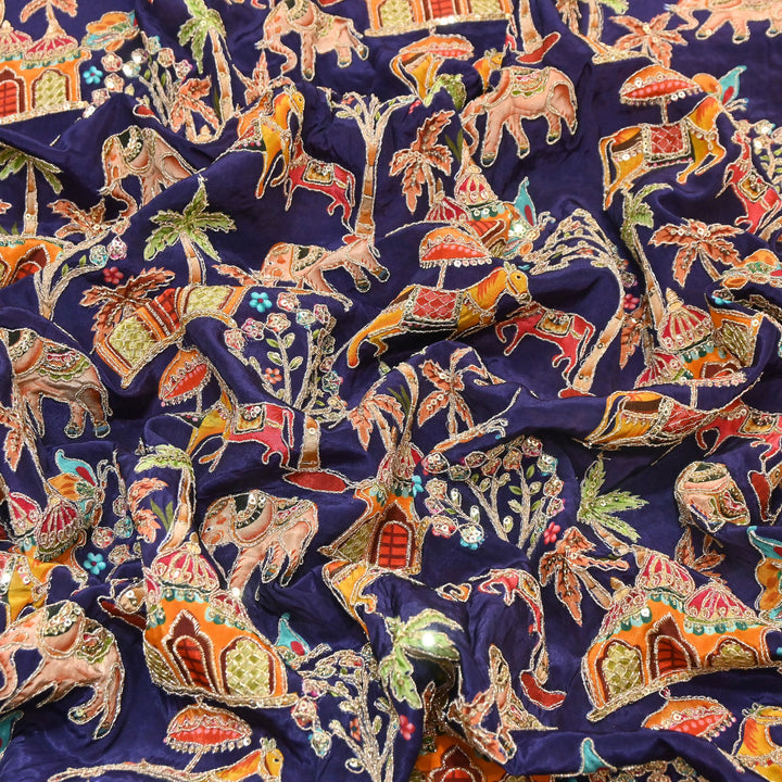 Crepe Position Print Fabric with Zari & Sequin Embroidery | Designer Motif Embroidered Fabric - UF1701-5