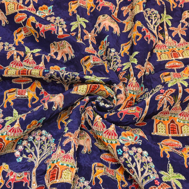Crepe Position Print Fabric with Zari & Sequin Embroidery | Designer Motif Embroidered Fabric - UF1701-5