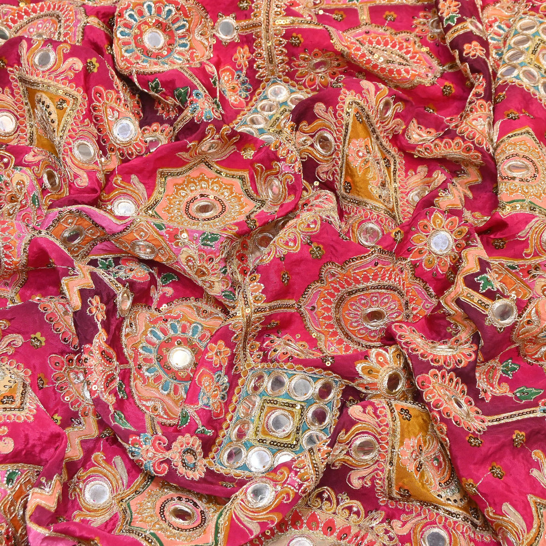 Crepe Posi Print Fabric with Zari, Sequins & Mirror Embroidery | Designer Ethnic Fabric | V2712C-2