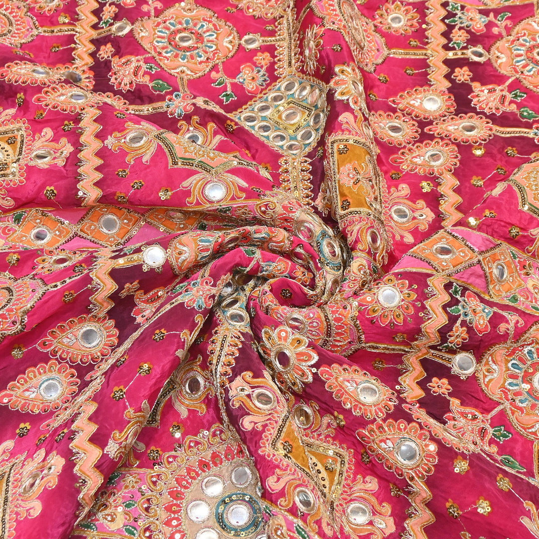 Crepe Posi Print Fabric with Zari, Sequins & Mirror Embroidery | Designer Ethnic Fabric | V2712C-2